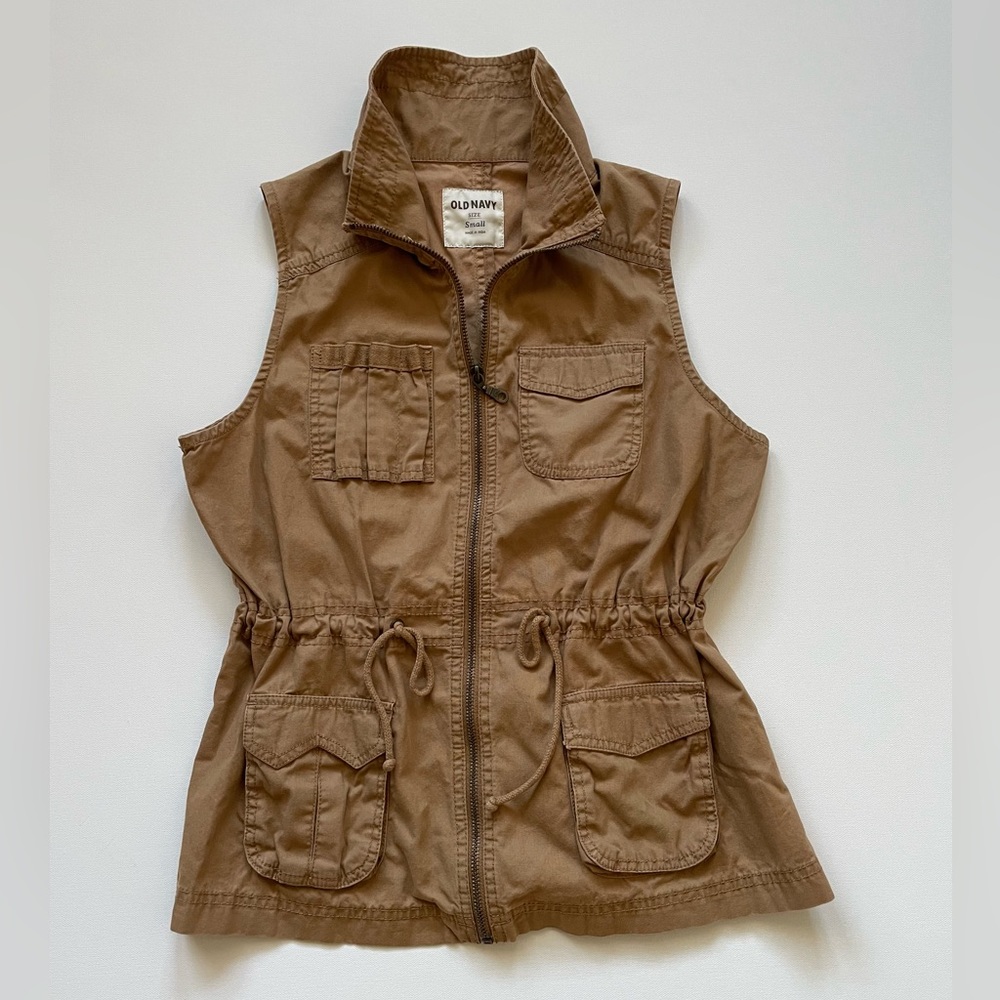 Old Navy 100% Cotton Tan Zip Front Utility Vest,  with Pockets and Tie Waist